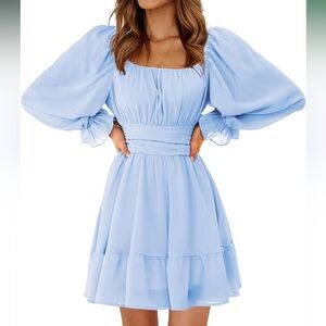 Women's Feminine Long Lantern Sleeve Dress Square Neck Ruffle Tie Back Mini XS